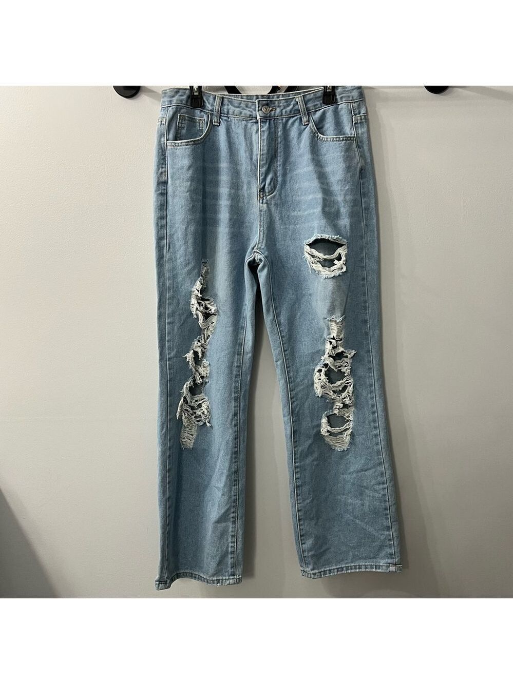 Shein Light Wash Distressed High Waisted Relaxed Fit Denim Jeans Large 8/10